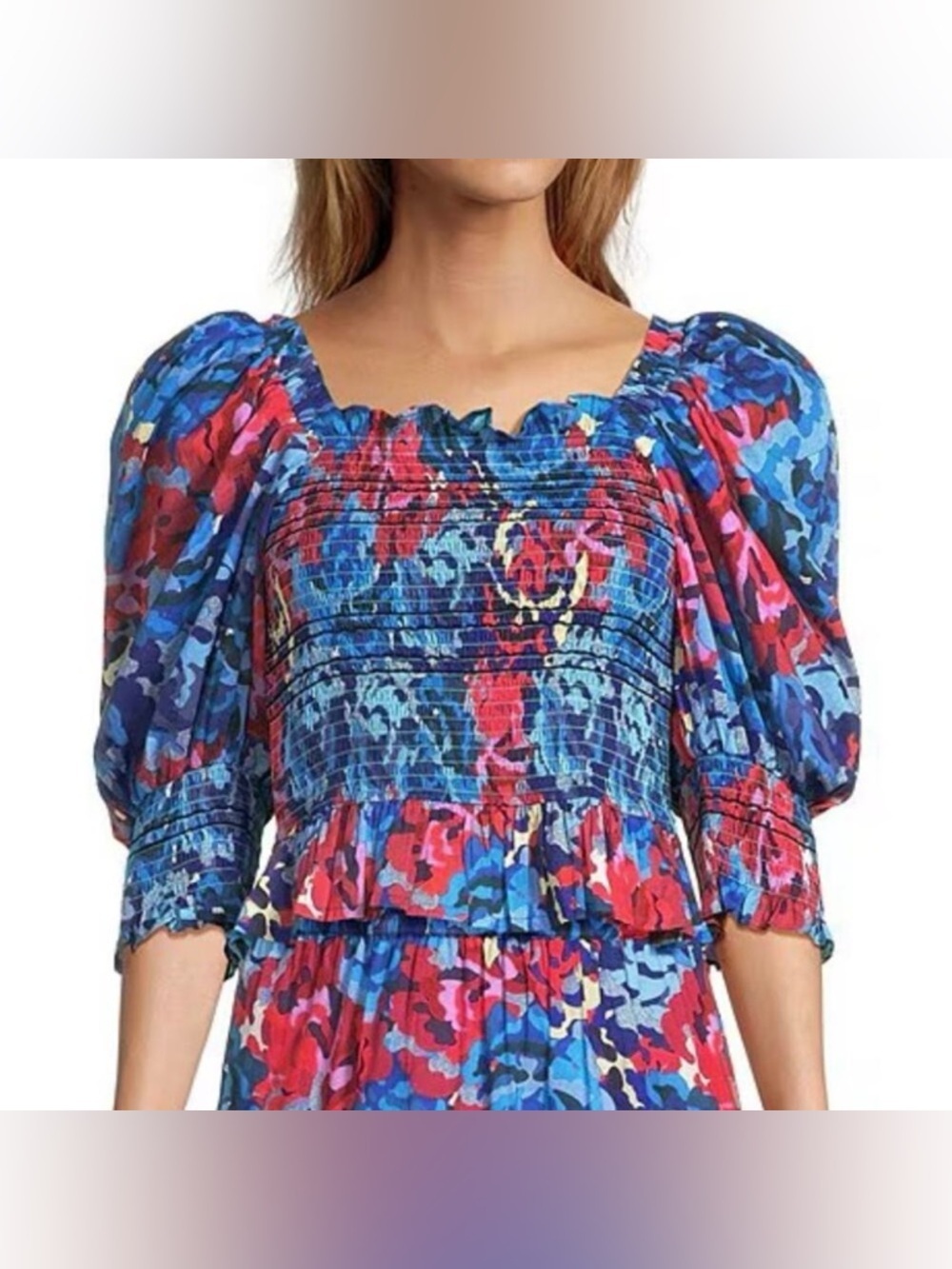 NWT Ro's Garden Trinity Smocked Floral Top Blouse puff sleeve cotton square neck